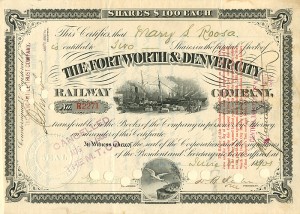 Fort Worth and Denver City Railway Co. - Texas Railroad Stock Certificate